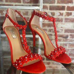Red flower detail ankle strap shoes